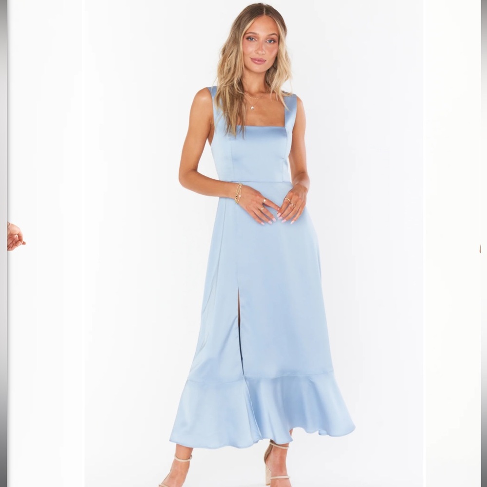 Show Me Your Mumu Claire Midi Dress in Steel Blue Luxe Satin - Size Medium